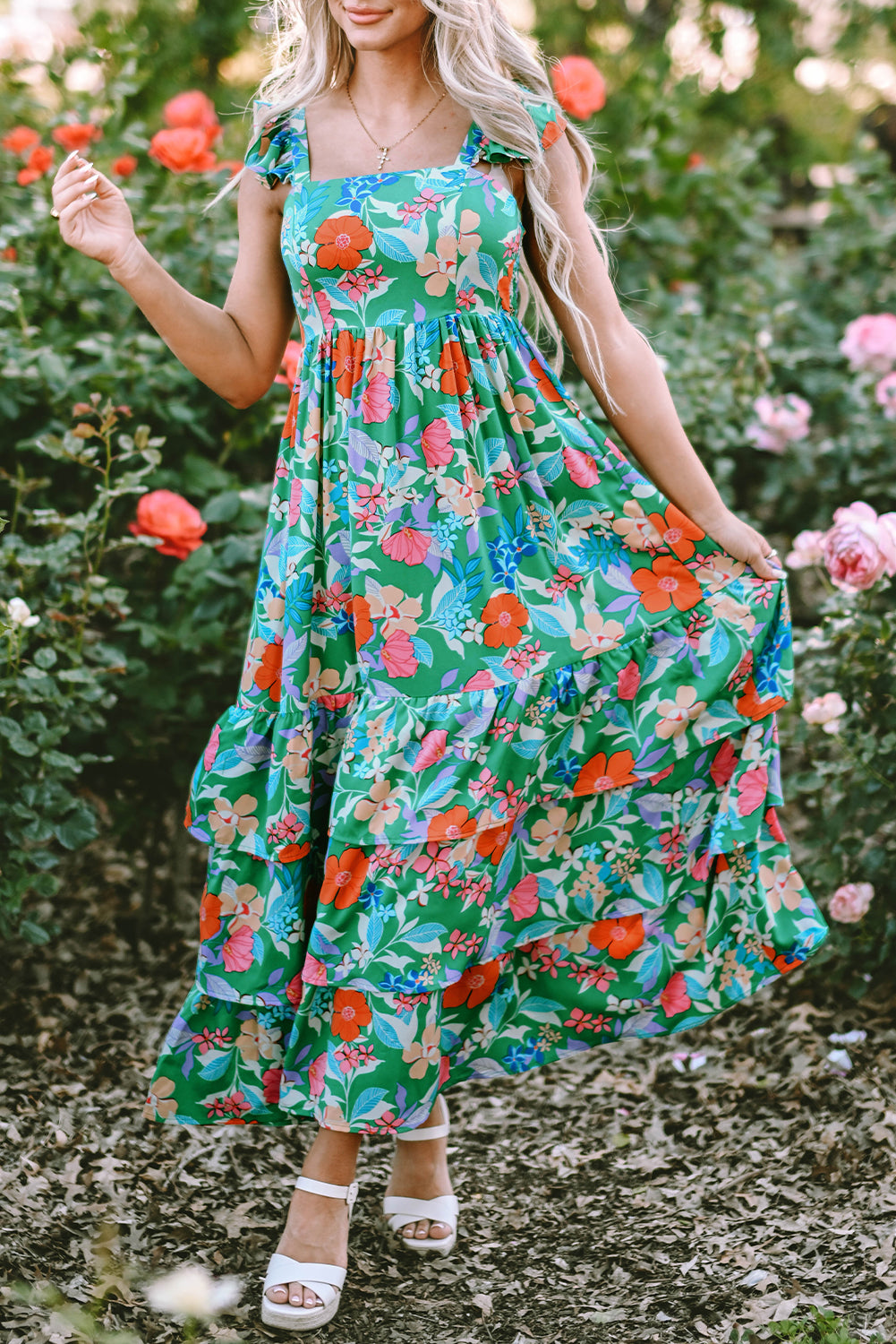 Green Floral Print Sleeveless Ruffle Tiered Maxi Dress - Hey Hunni LLC