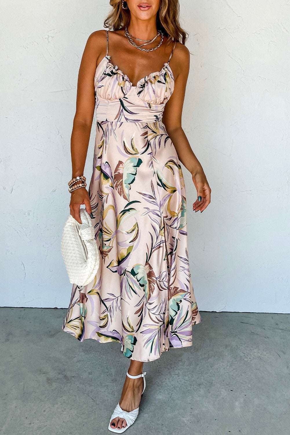 Apricot Tropical Print Spaghetti Straps Cupped Dress - Hey Hunni LLC