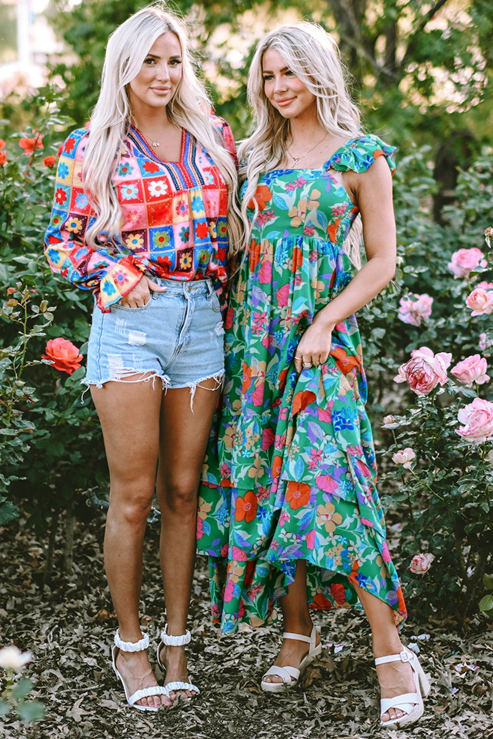 Green Floral Print Sleeveless Ruffle Tiered Maxi Dress - Hey Hunni LLC