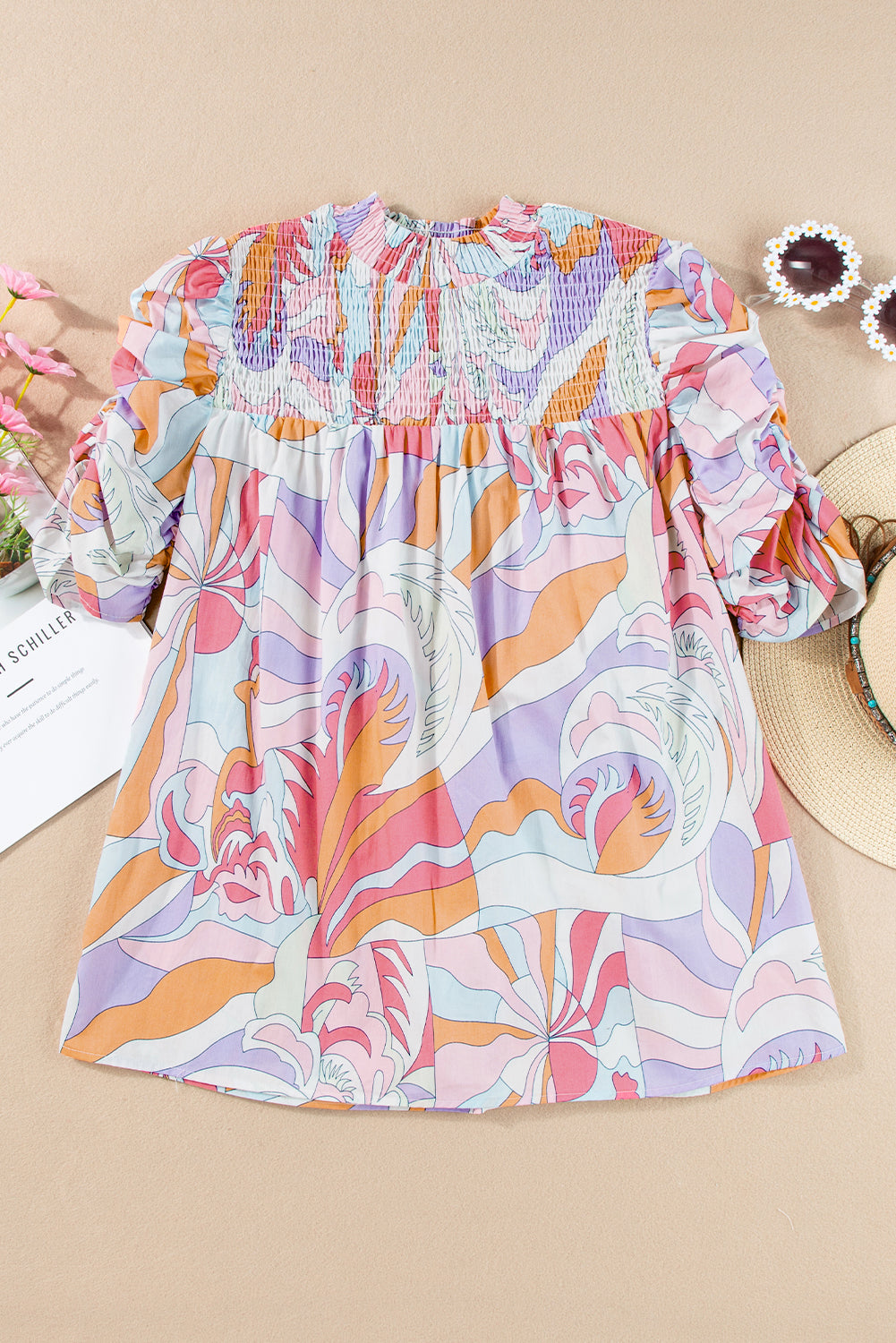 Pink Abstract Print Bubble Sleeve Smock Detail Blouse - Hey Hunni LLC