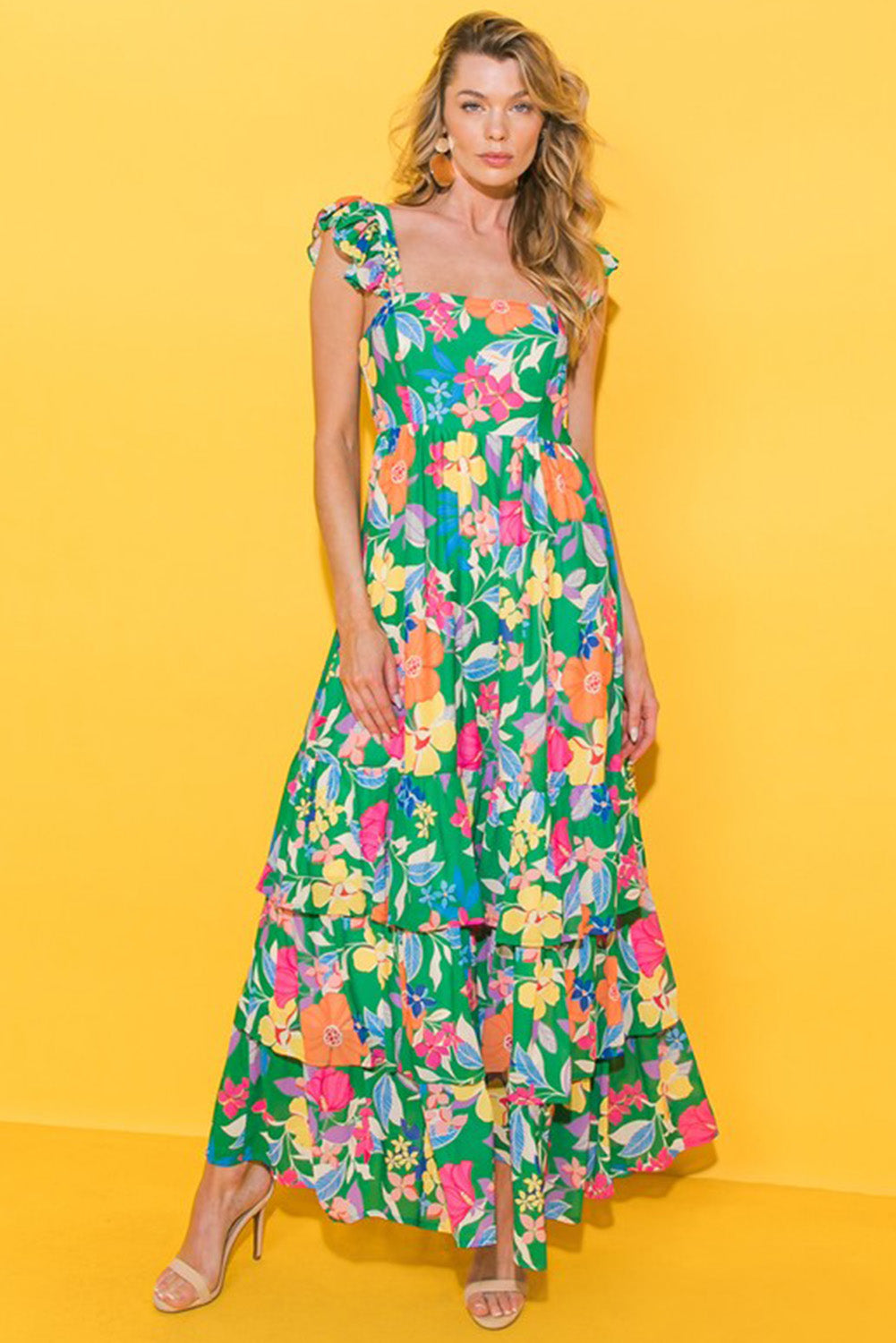 Green Floral Print Sleeveless Ruffle Tiered Maxi Dress - Hey Hunni LLC