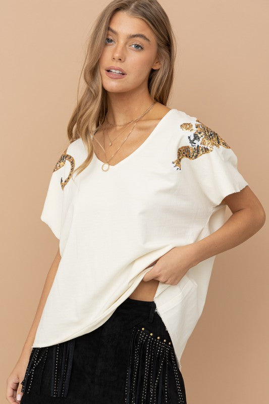 Tiger Sequin Patch T Shirt - Hey Hunni LLC