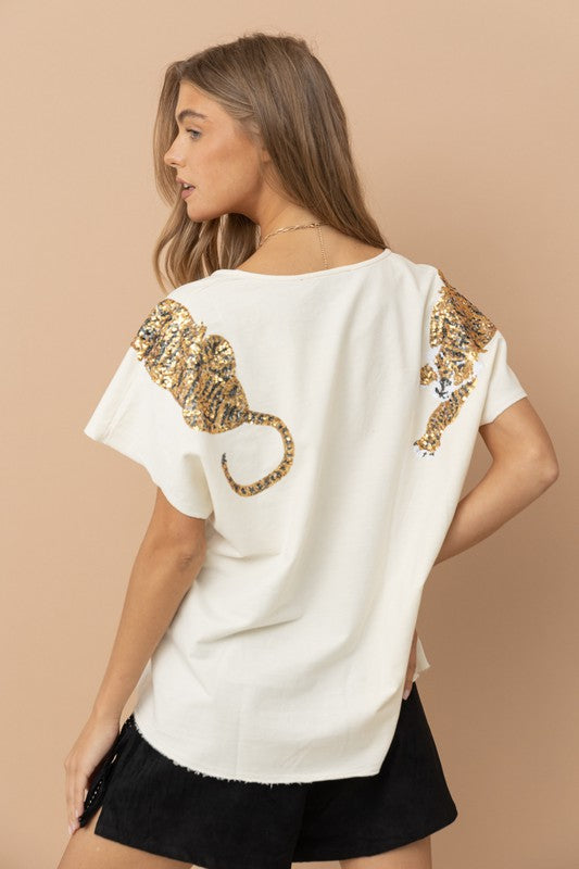 Tiger Sequin Patch T Shirt - Hey Hunni LLC