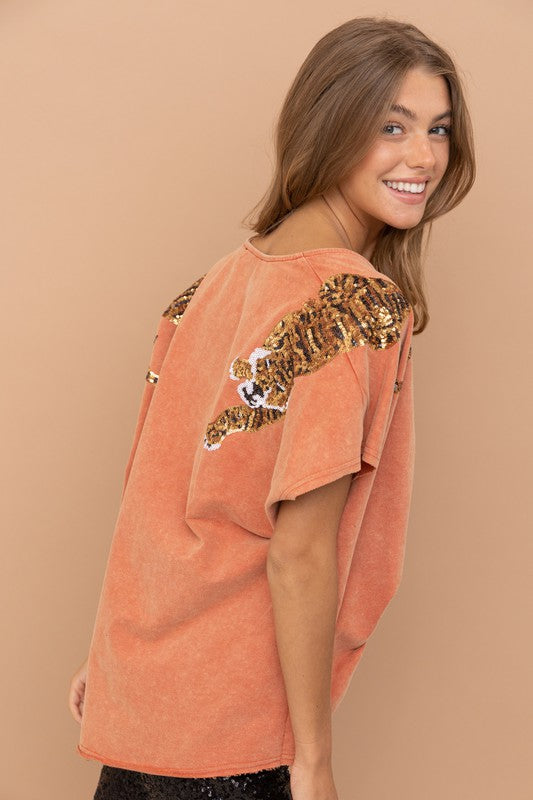 Tiger Sequin Patch T Shirt - Hey Hunni LLC