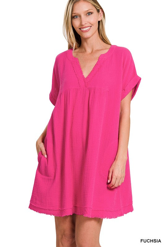 Gauze Rolled Short Sleeve Raw Edge V-Neck Dress - Hey Hunni LLC