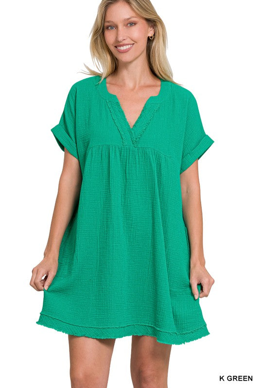 Gauze Rolled Short Sleeve Raw Edge V-Neck Dress - Hey Hunni LLC