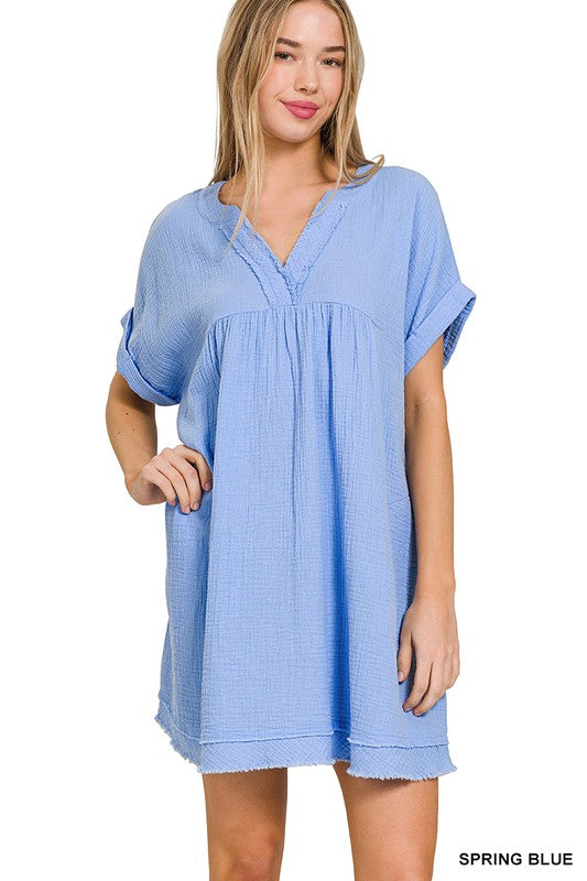 Gauze Rolled Short Sleeve Raw Edge V-Neck Dress - Hey Hunni LLC