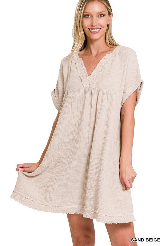 Gauze Rolled Short Sleeve Raw Edge V-Neck Dress - Hey Hunni LLC