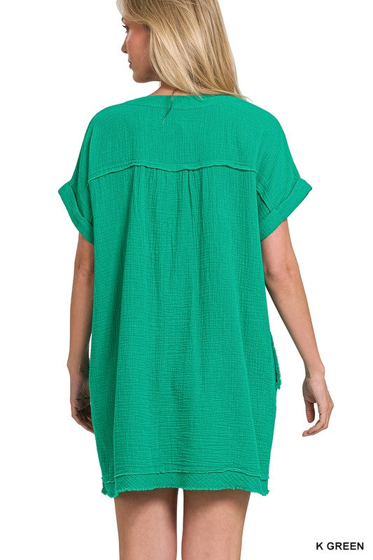 Gauze Rolled Short Sleeve Raw Edge V-Neck Dress - Hey Hunni LLC