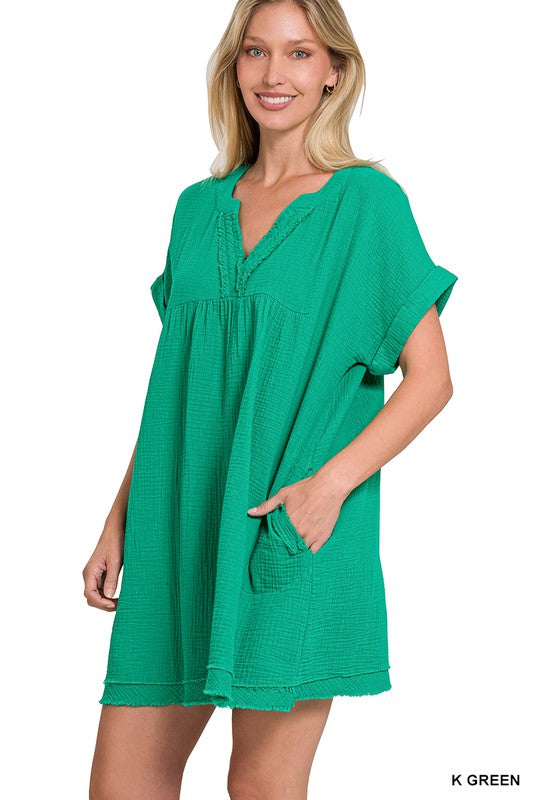 Gauze Rolled Short Sleeve Raw Edge V-Neck Dress - Hey Hunni LLC