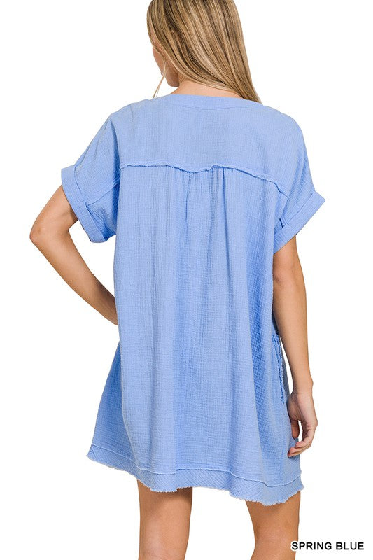 Gauze Rolled Short Sleeve Raw Edge V-Neck Dress - Hey Hunni LLC