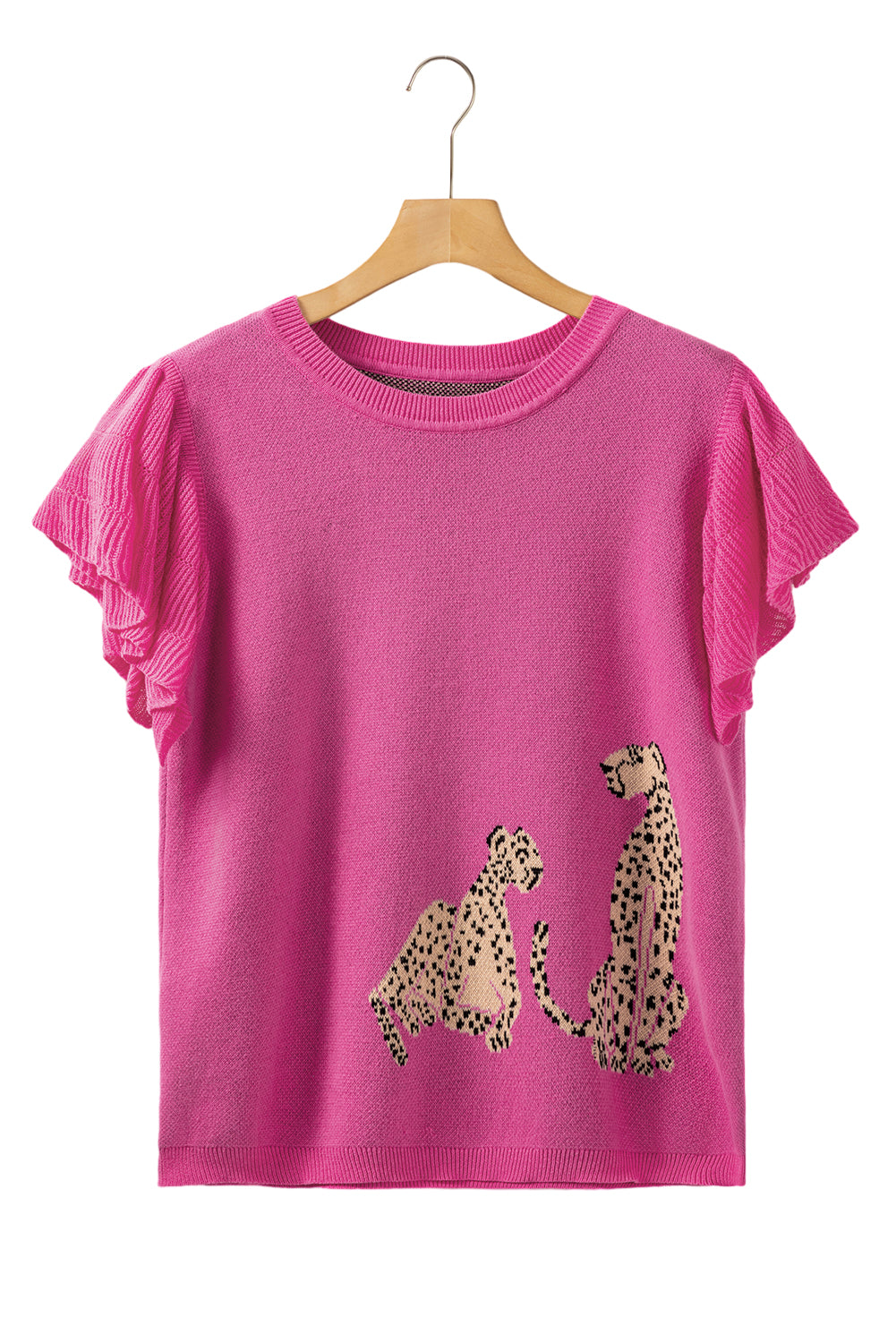 Pink Leopard Ruffled Sleeve Round Neck Knit Sweater - Hey Hunni LLC