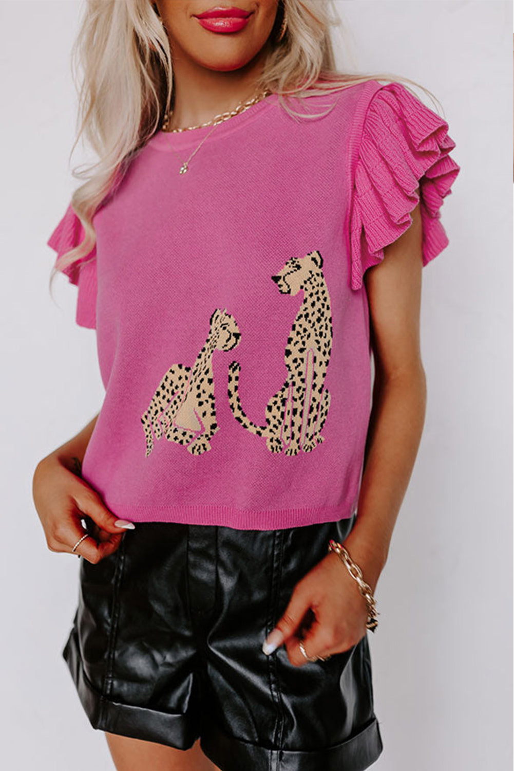 Pink Leopard Ruffled Sleeve Round Neck Knit Sweater - Hey Hunni LLC