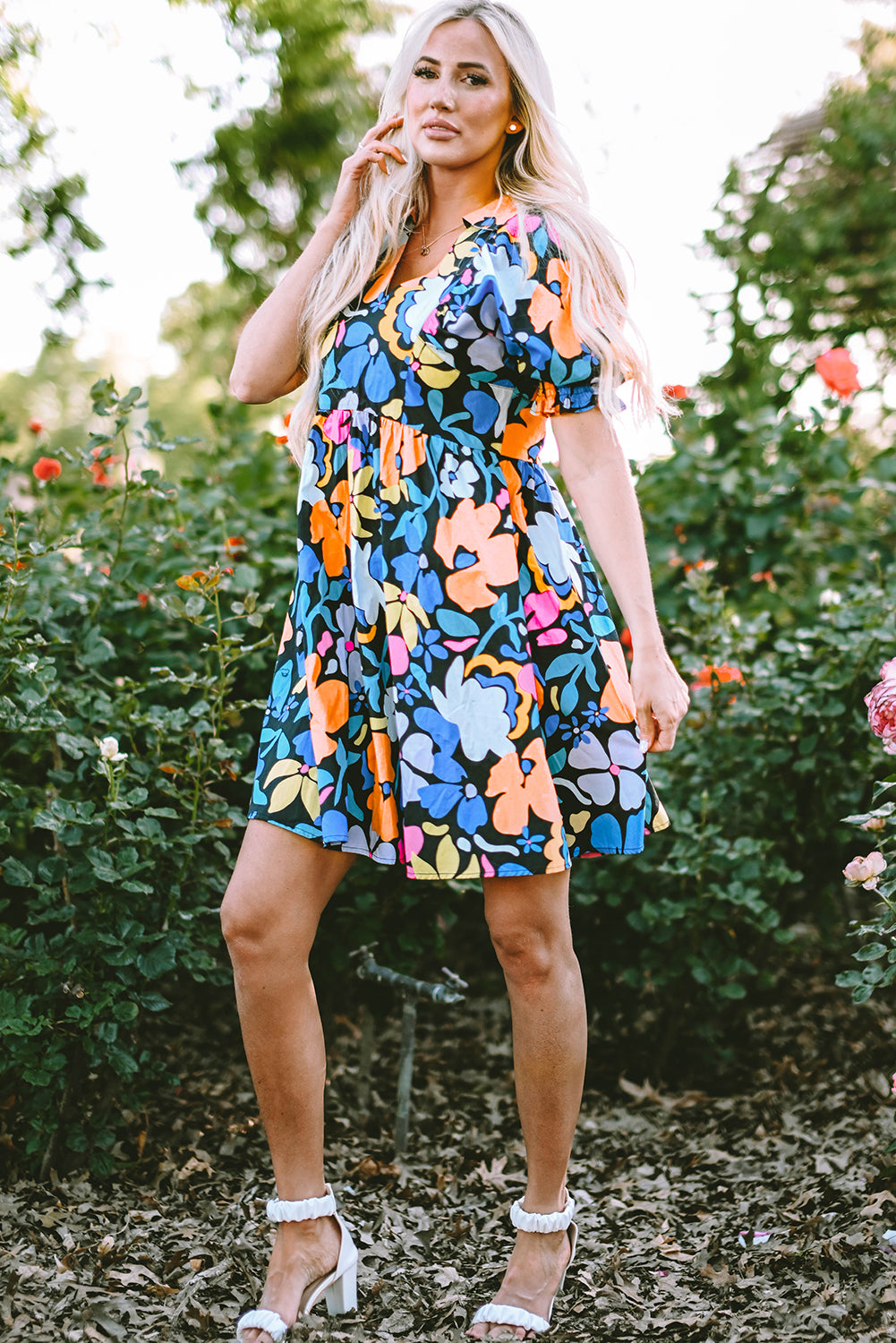 Blue Collared Split Neck Floral Flared Dress - Hey Hunni LLC