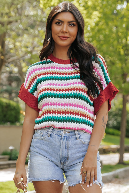 Fiery Red Trimmed Ruffle Sleeve Colorful Textured Sweater - Hey Hunni LLC