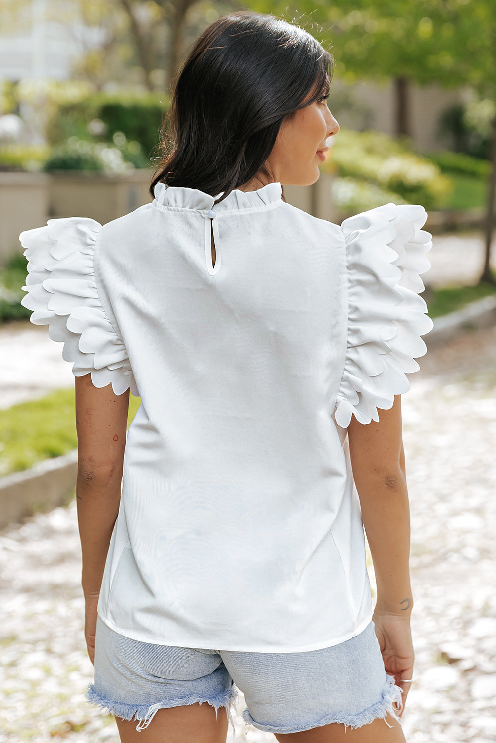 White Solid Color Scalloped Ruffle Sleeve Top - Hey Hunni LLC