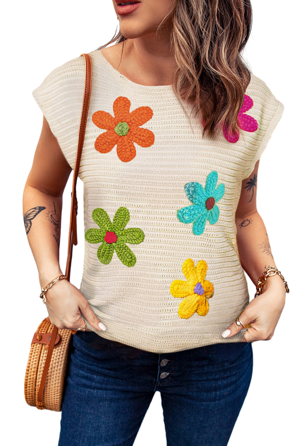 White Flower Crochet Round Neck Knitted Top - Hey Hunni LLC