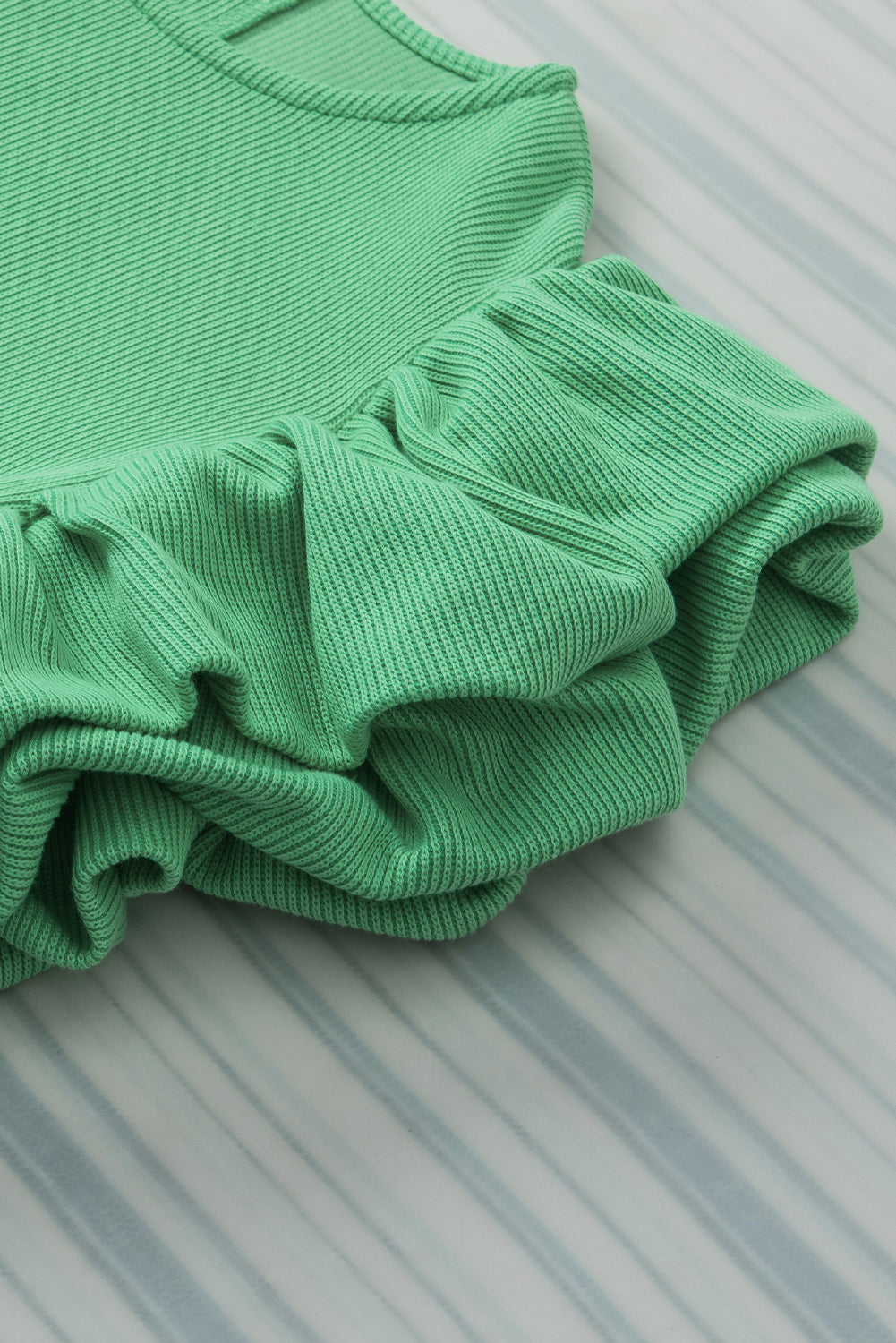 Green Ribbed Knit Puffy Ruffle Sleeve Blouse - Hey Hunni LLC