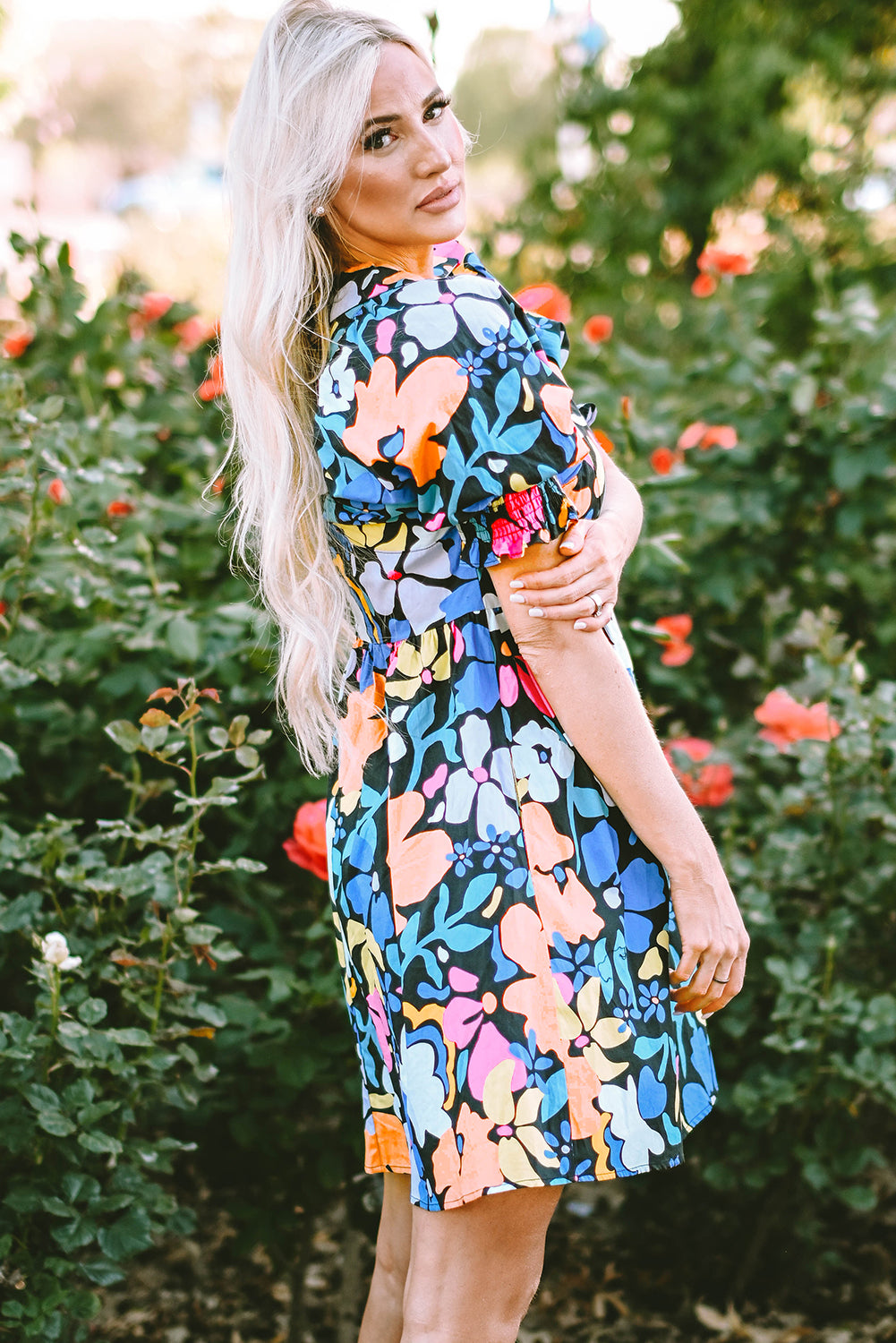 Blue Collared Split Neck Floral Flared Dress - Hey Hunni LLC