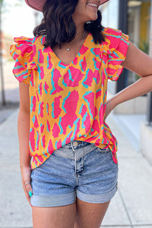 Orange Abstract Print V Neck Ruffled Sleeve Blouse - Hey Hunni LLC