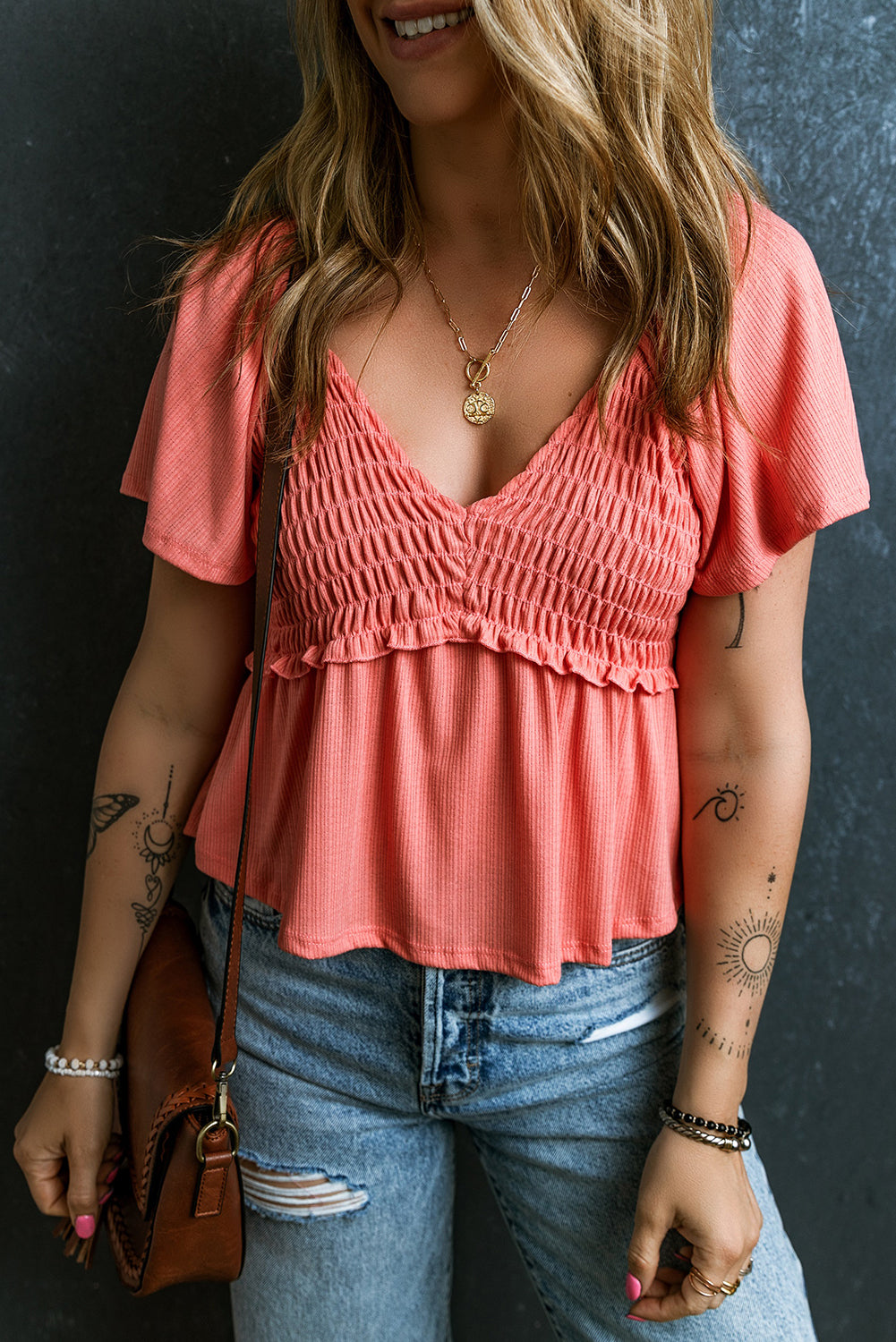 Tomato Red Shirred V Neck Short Flutter Sleeve Textured Blouse - Hey Hunni LLC