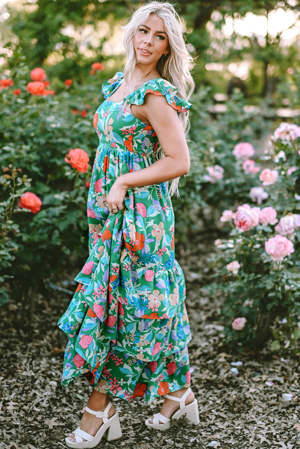 Green Floral Print Sleeveless Ruffle Tiered Maxi Dress - Hey Hunni LLC