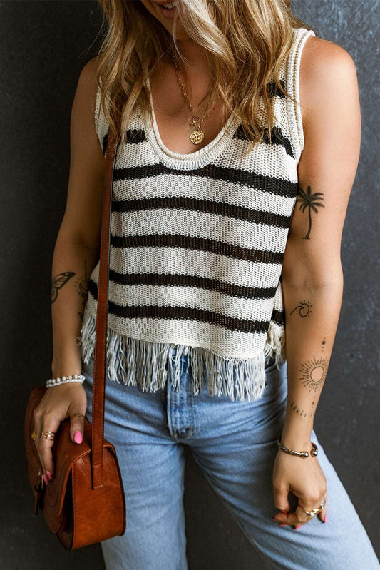 Beige Stripe Loose Knit Fringe Tank Top - Hey Hunni LLC