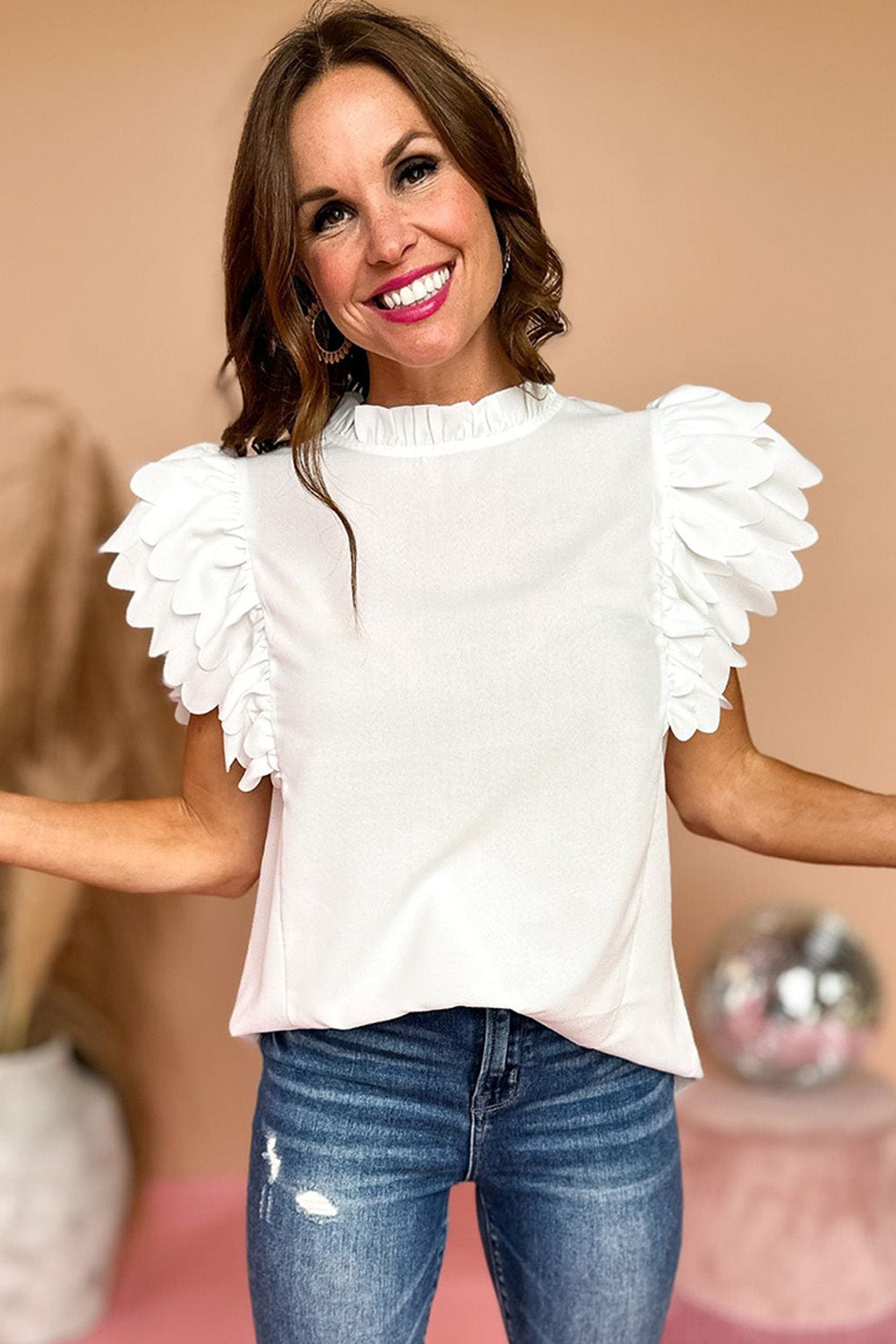 White Solid Color Scalloped Ruffle Sleeve Top - Hey Hunni LLC