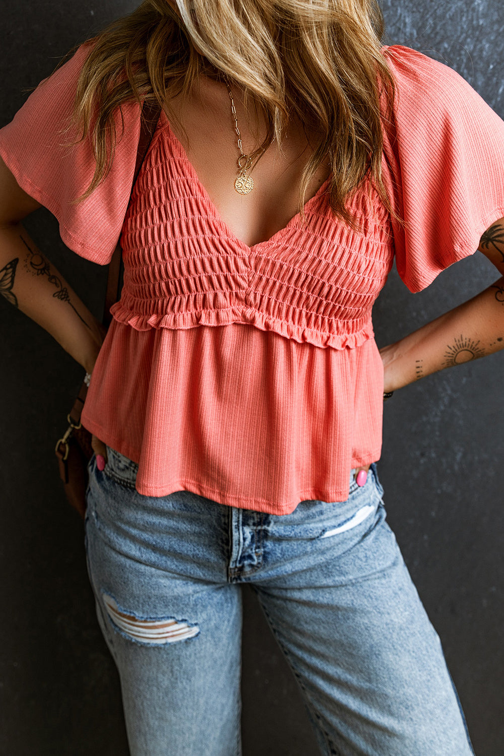 Tomato Red Shirred V Neck Short Flutter Sleeve Textured Blouse - Hey Hunni LLC