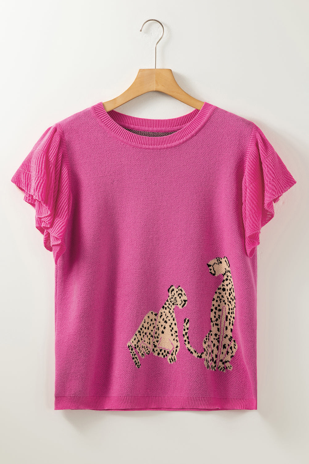 Pink Leopard Ruffled Sleeve Round Neck Knit Sweater - Hey Hunni LLC