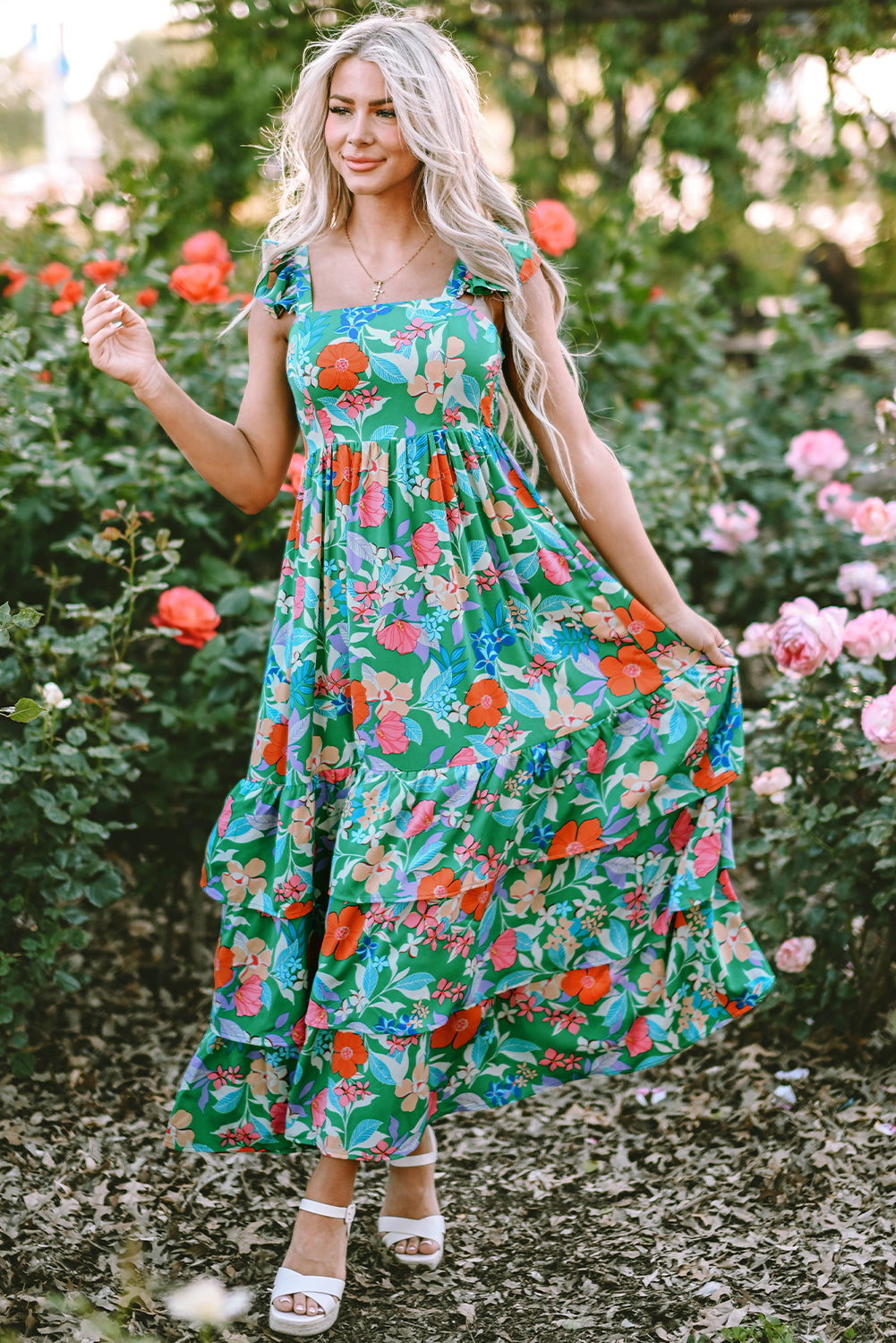 Green Floral Print Sleeveless Ruffle Tiered Maxi Dress - Hey Hunni LLC