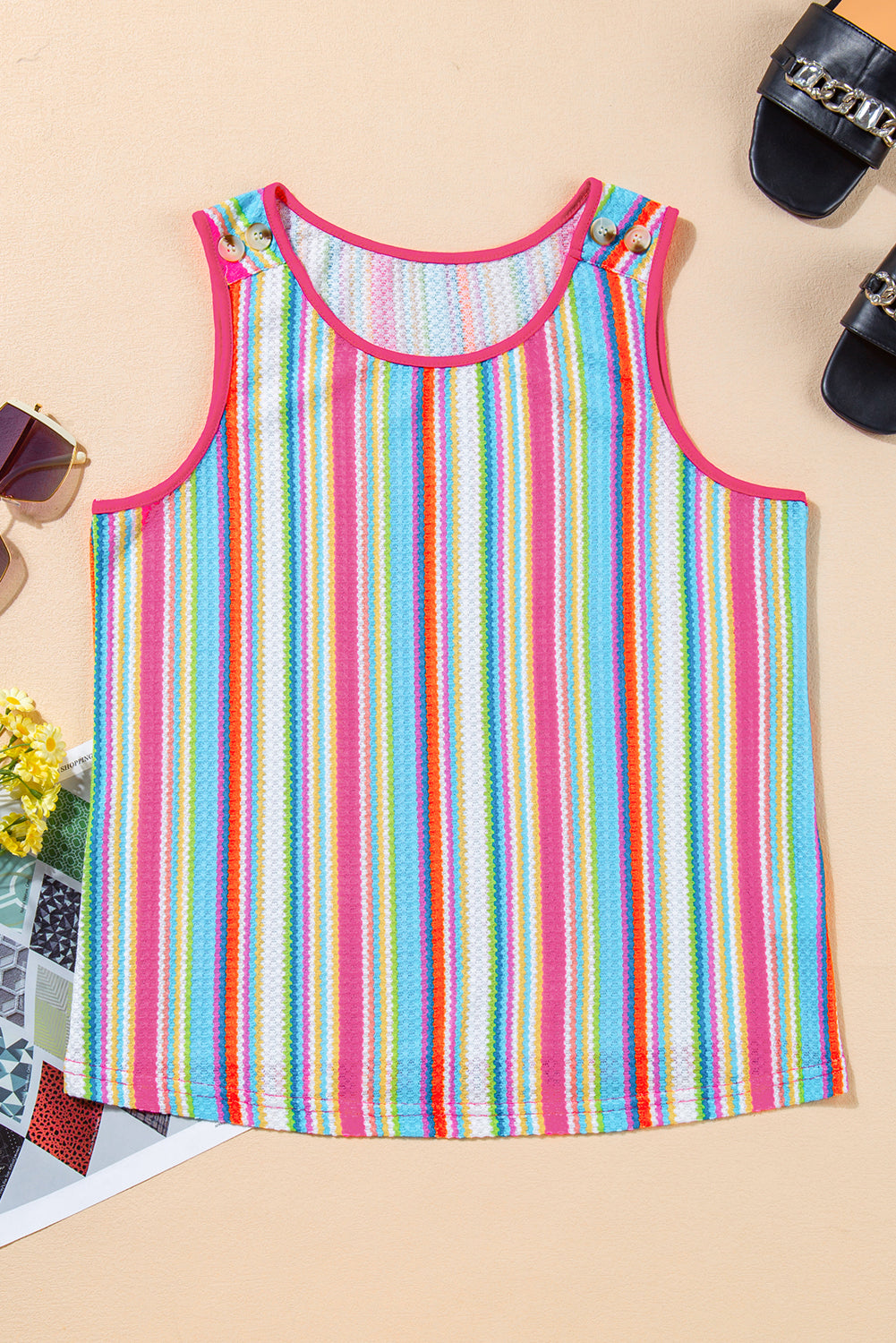 Rose Stripe Rainbow Eyelet Knit Button Decor Tank Top - Hey Hunni LLC