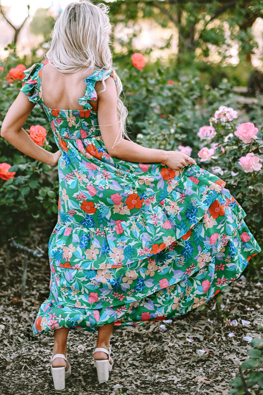 Green Floral Print Sleeveless Ruffle Tiered Maxi Dress - Hey Hunni LLC