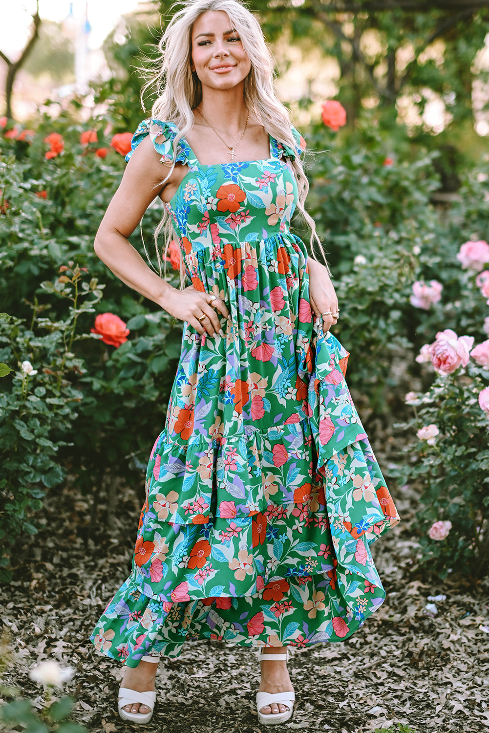 Green Floral Print Sleeveless Ruffle Tiered Maxi Dress - Hey Hunni LLC