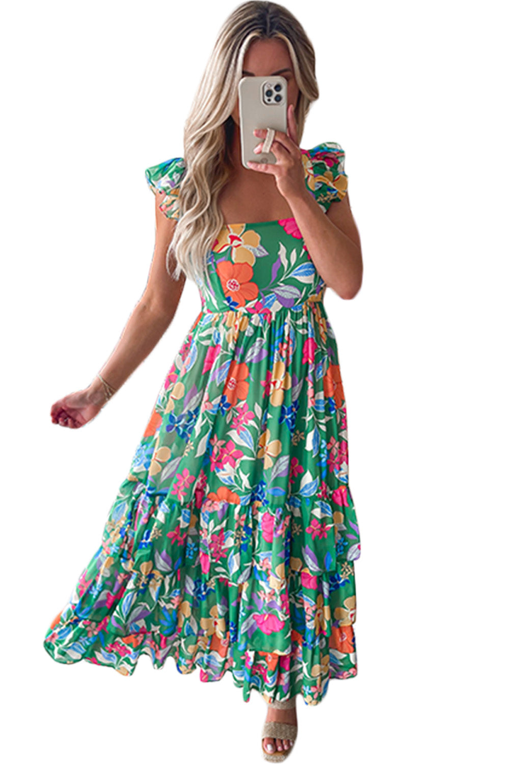 Green Floral Print Sleeveless Ruffle Tiered Maxi Dress - Hey Hunni LLC