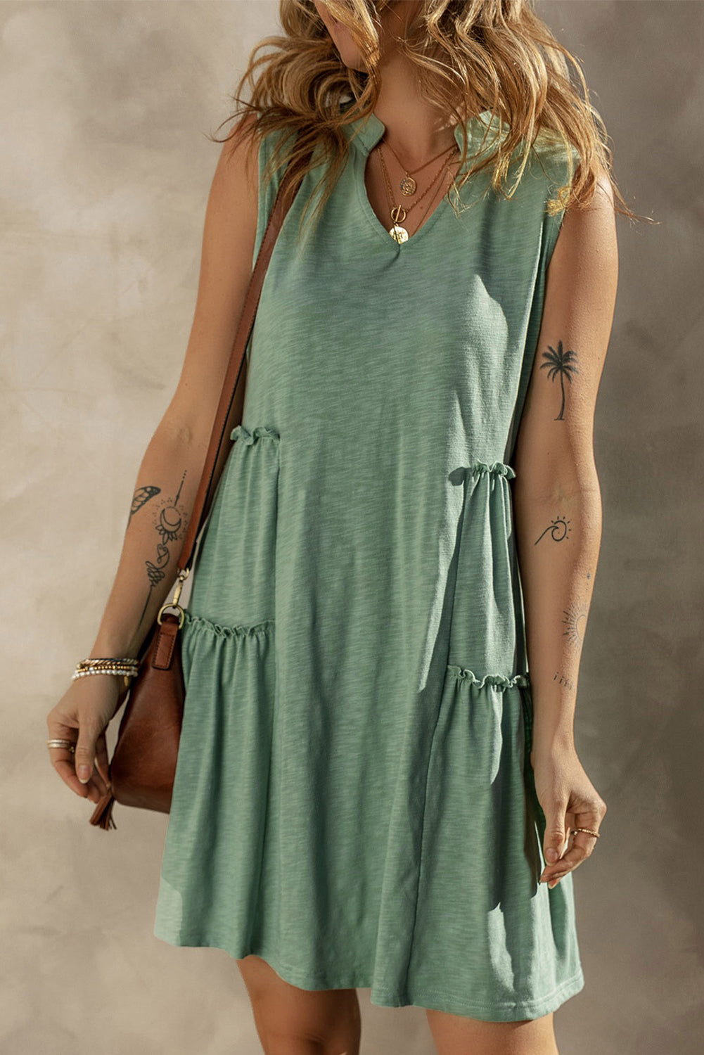 Moonlight Jade Split V Neck Tiered Flowy Sleeveless Dress - Hey Hunni LLC