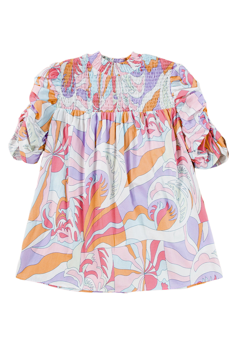 Pink Abstract Print Bubble Sleeve Smock Detail Blouse - Hey Hunni LLC