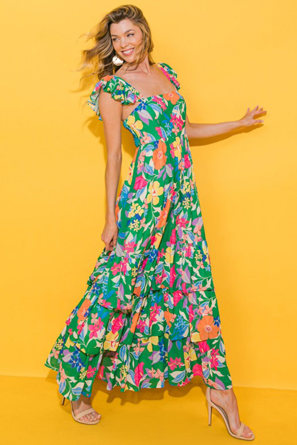 Green Floral Print Sleeveless Ruffle Tiered Maxi Dress - Hey Hunni LLC