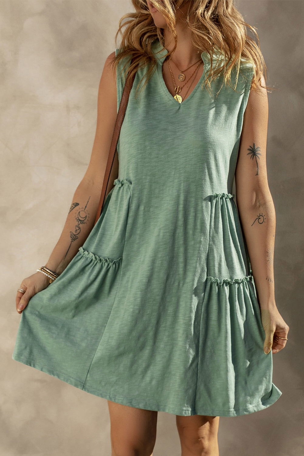 Moonlight Jade Split V Neck Tiered Flowy Sleeveless Dress - Hey Hunni LLC