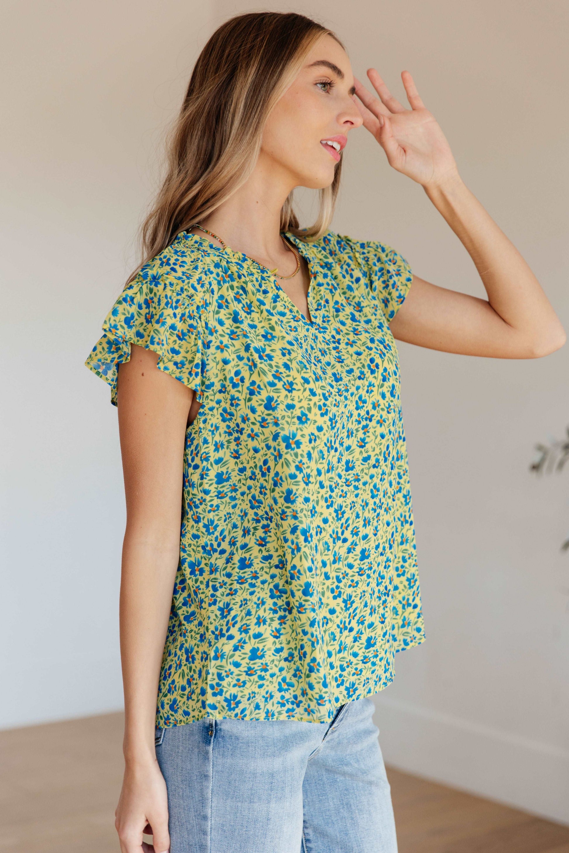 Anywhere We Go Flutter Sleeve Top in Blue Combo - Hey Hunni LLC