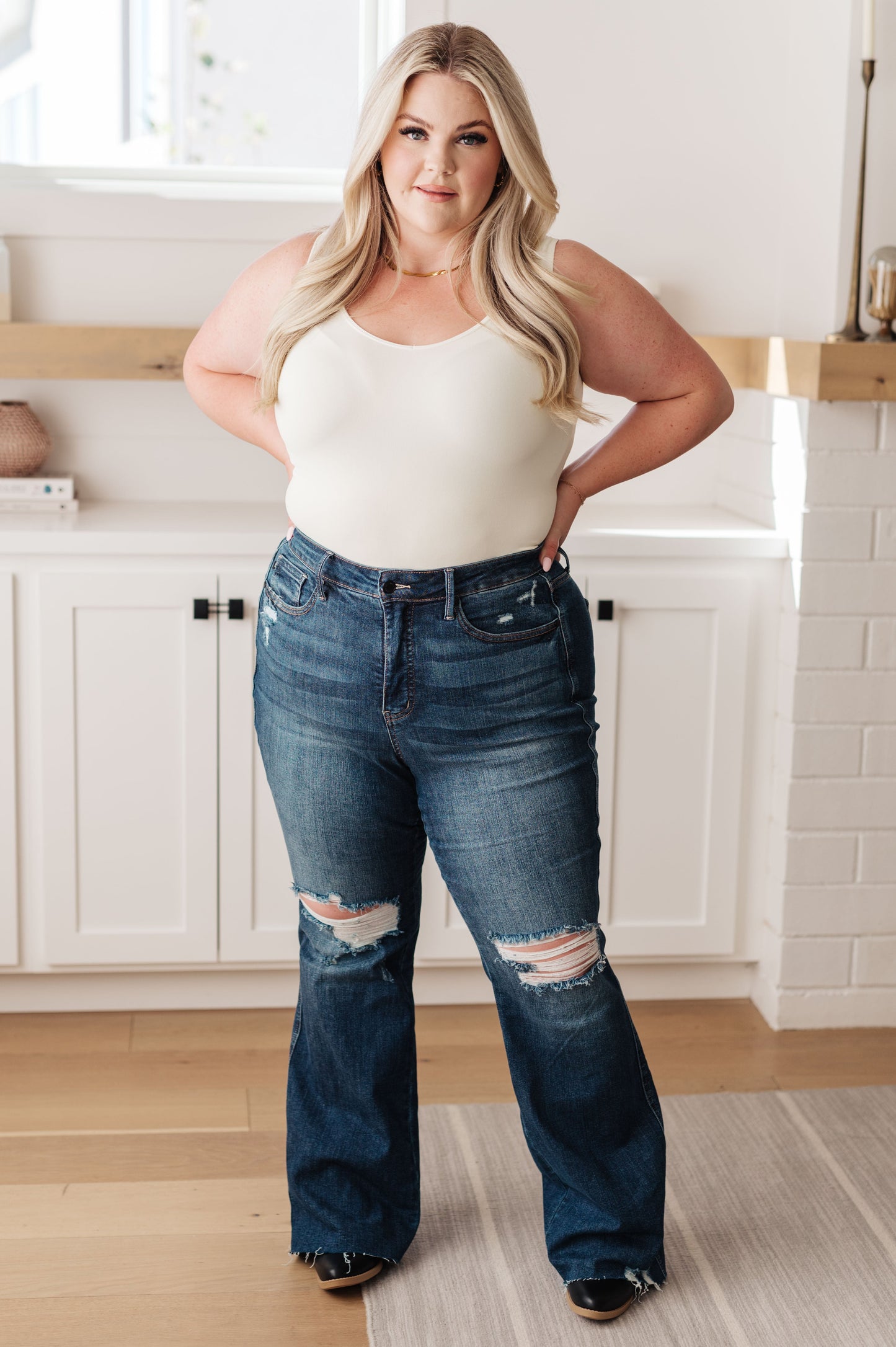 Cassandra High Rise Control Top Distressed Flare Jeans - Hey Hunni LLC