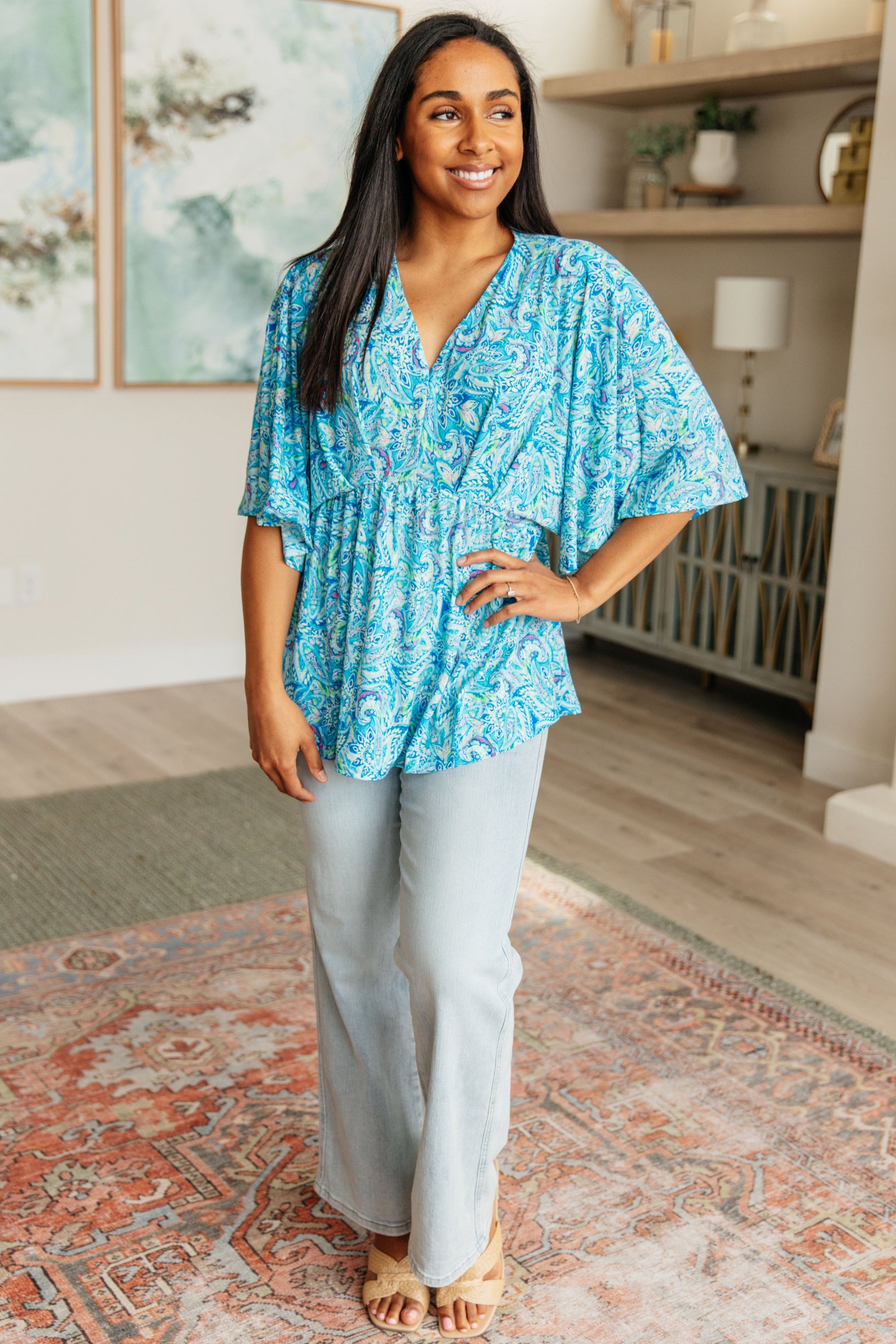 Dreamer Peplum Top in Blue and Teal Paisley - Hey Hunni LLC