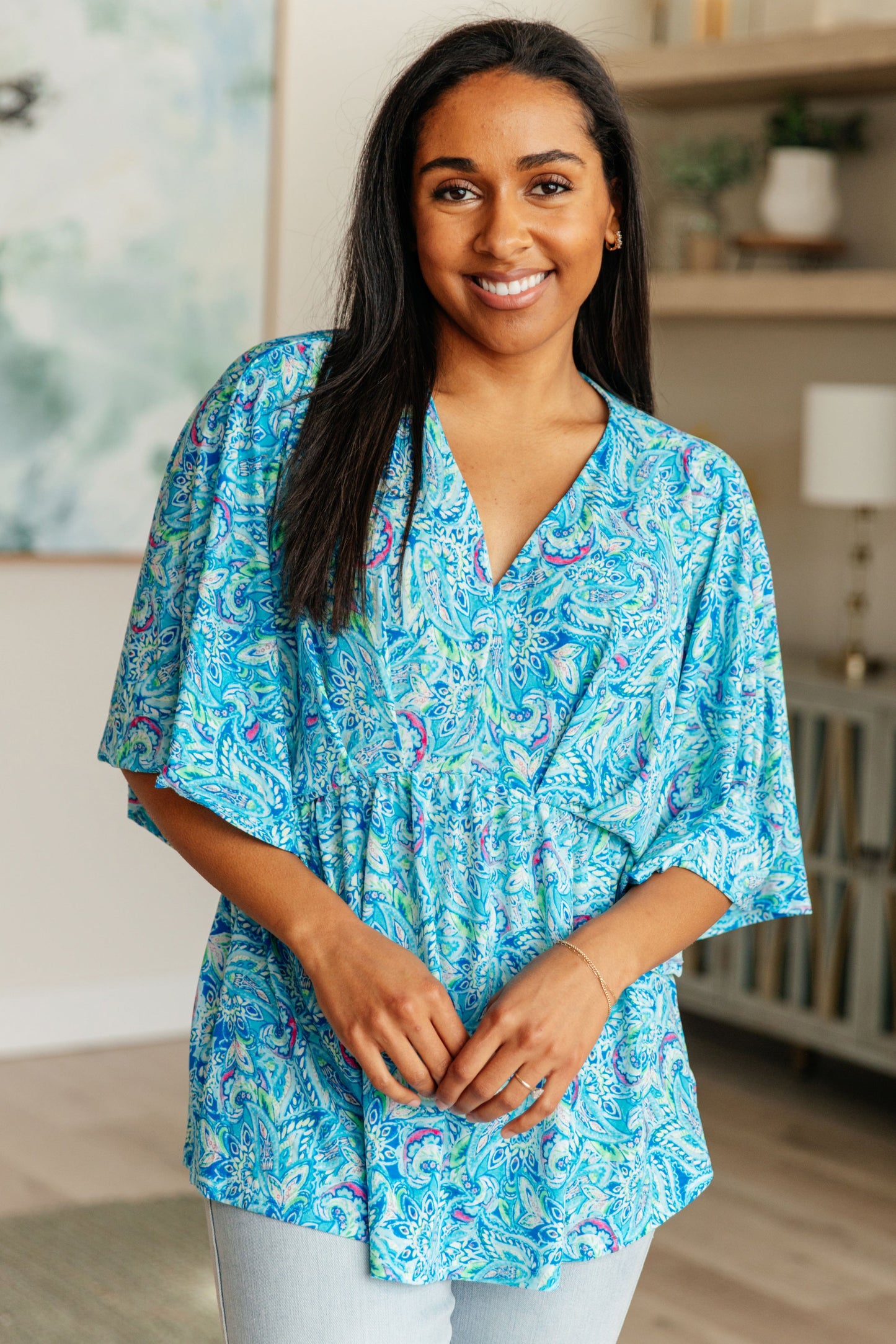 Dreamer Peplum Top in Blue and Teal Paisley - Hey Hunni LLC