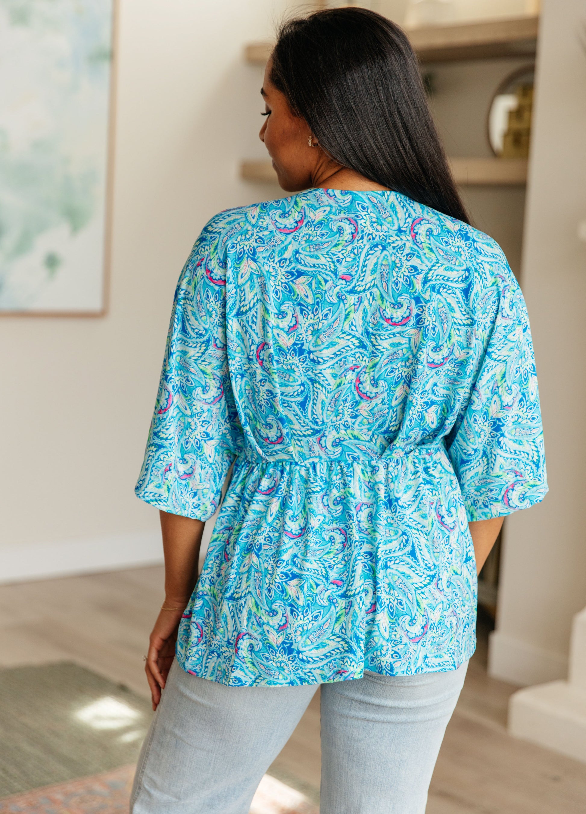 Dreamer Peplum Top in Blue and Teal Paisley - Hey Hunni LLC