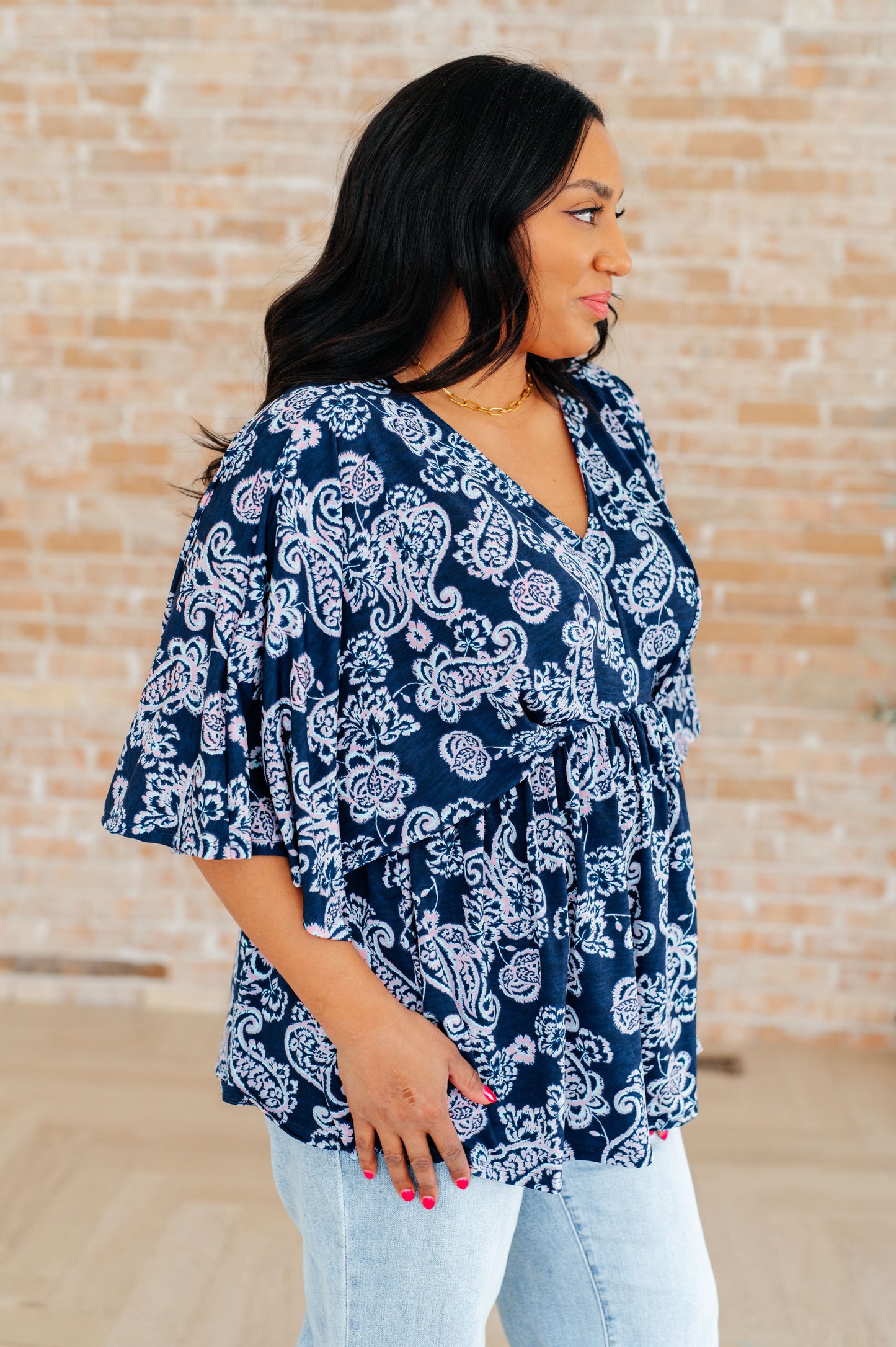 Dreamer Peplum Top in Navy and Pink Paisley - Hey Hunni LLC