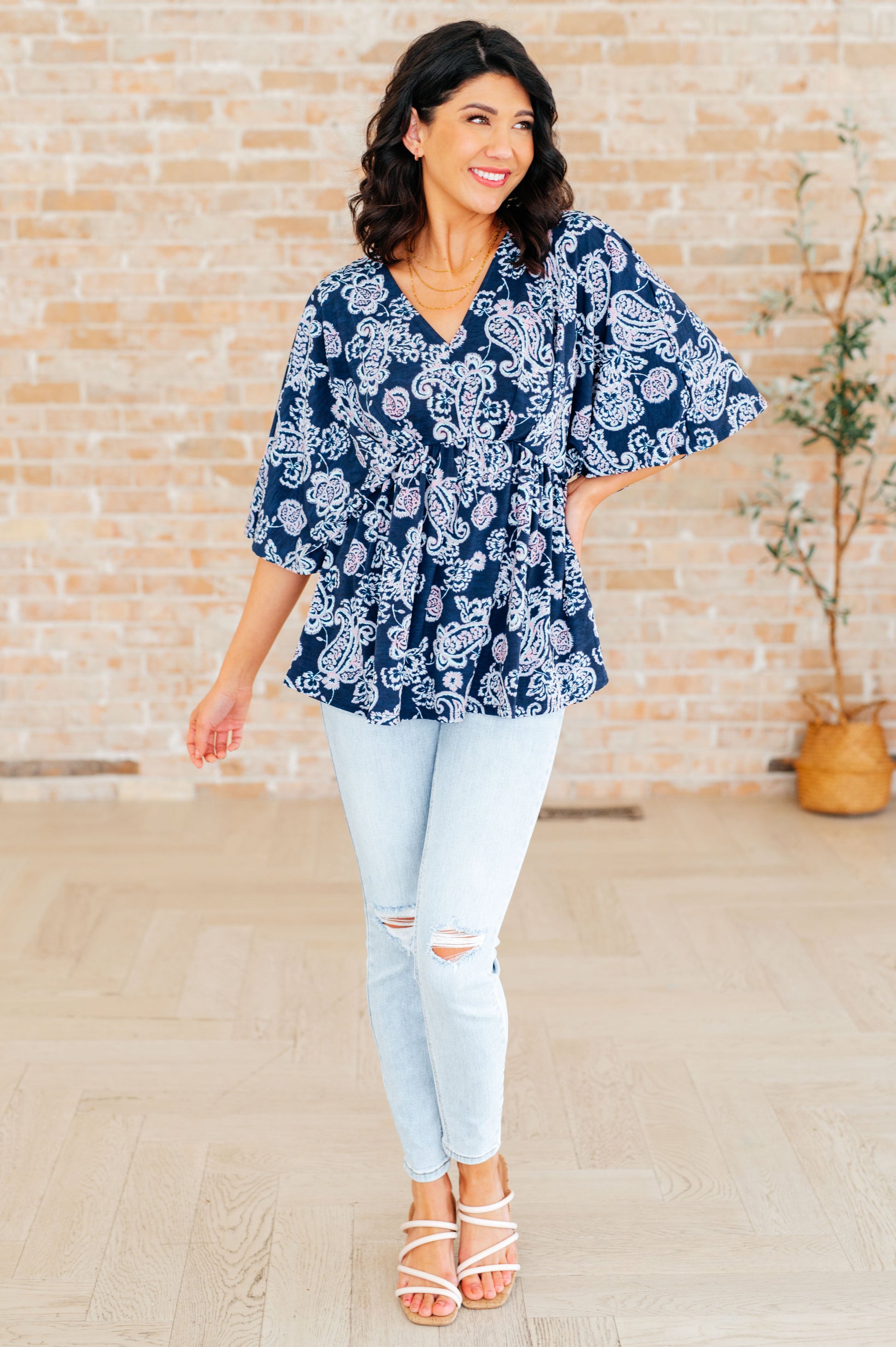 Dreamer Peplum Top in Navy and Pink Paisley - Hey Hunni LLC