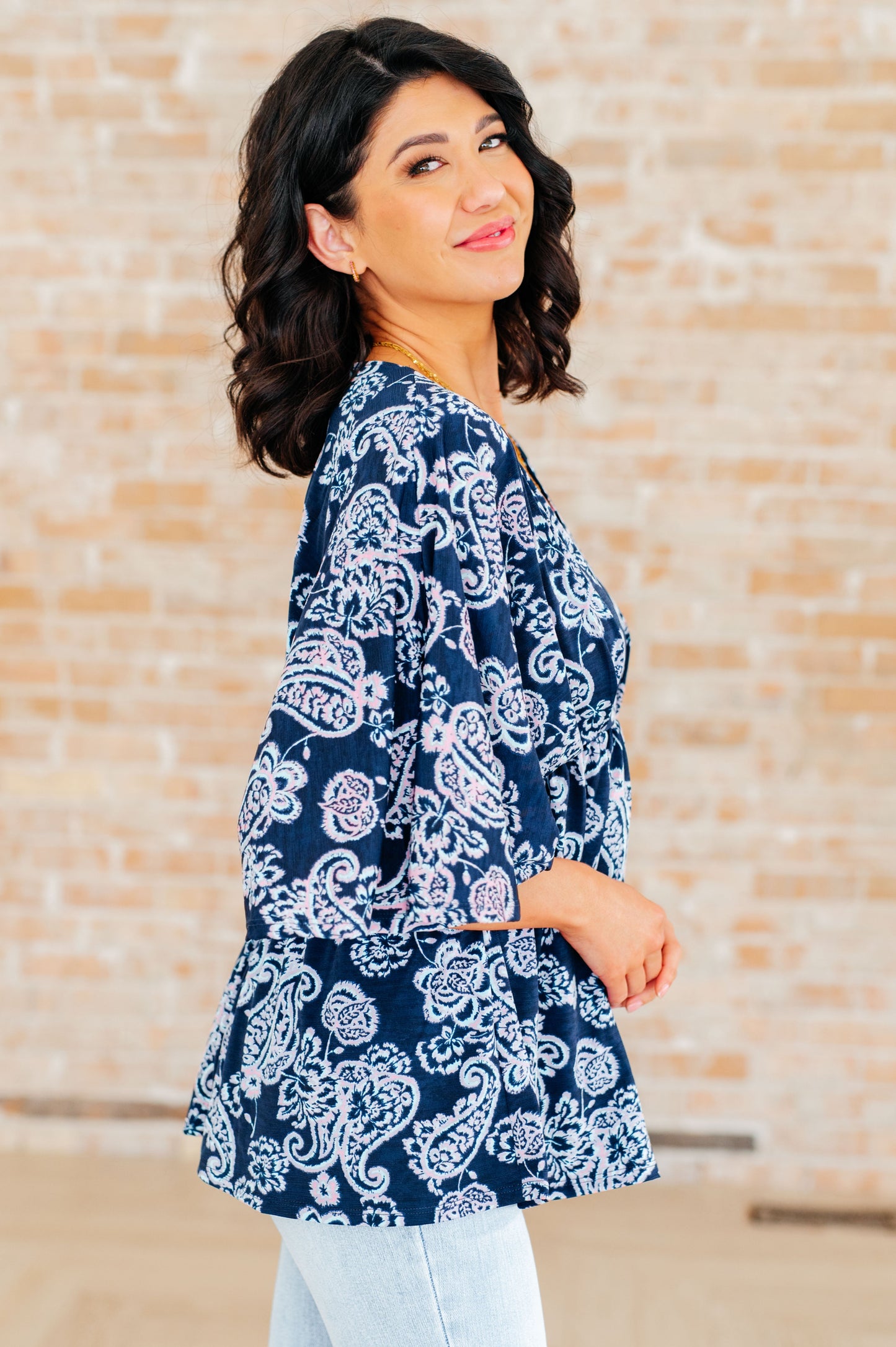 Dreamer Peplum Top in Navy and Pink Paisley - Hey Hunni LLC