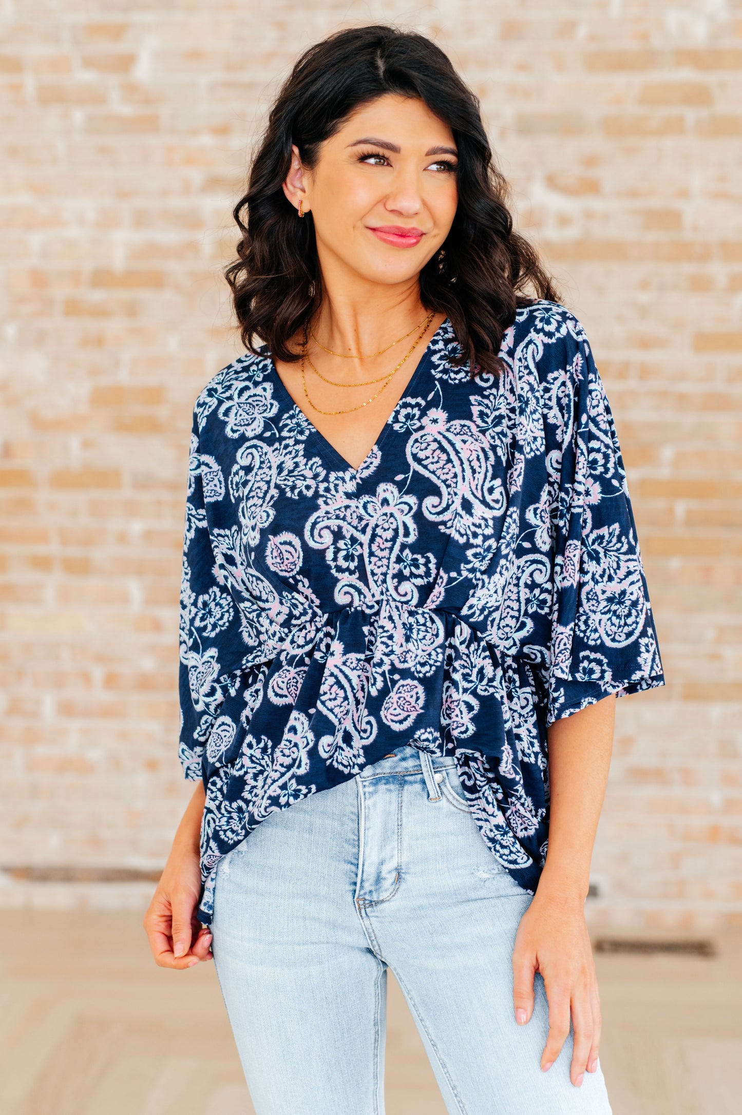 Dreamer Peplum Top in Navy and Pink Paisley - Hey Hunni LLC