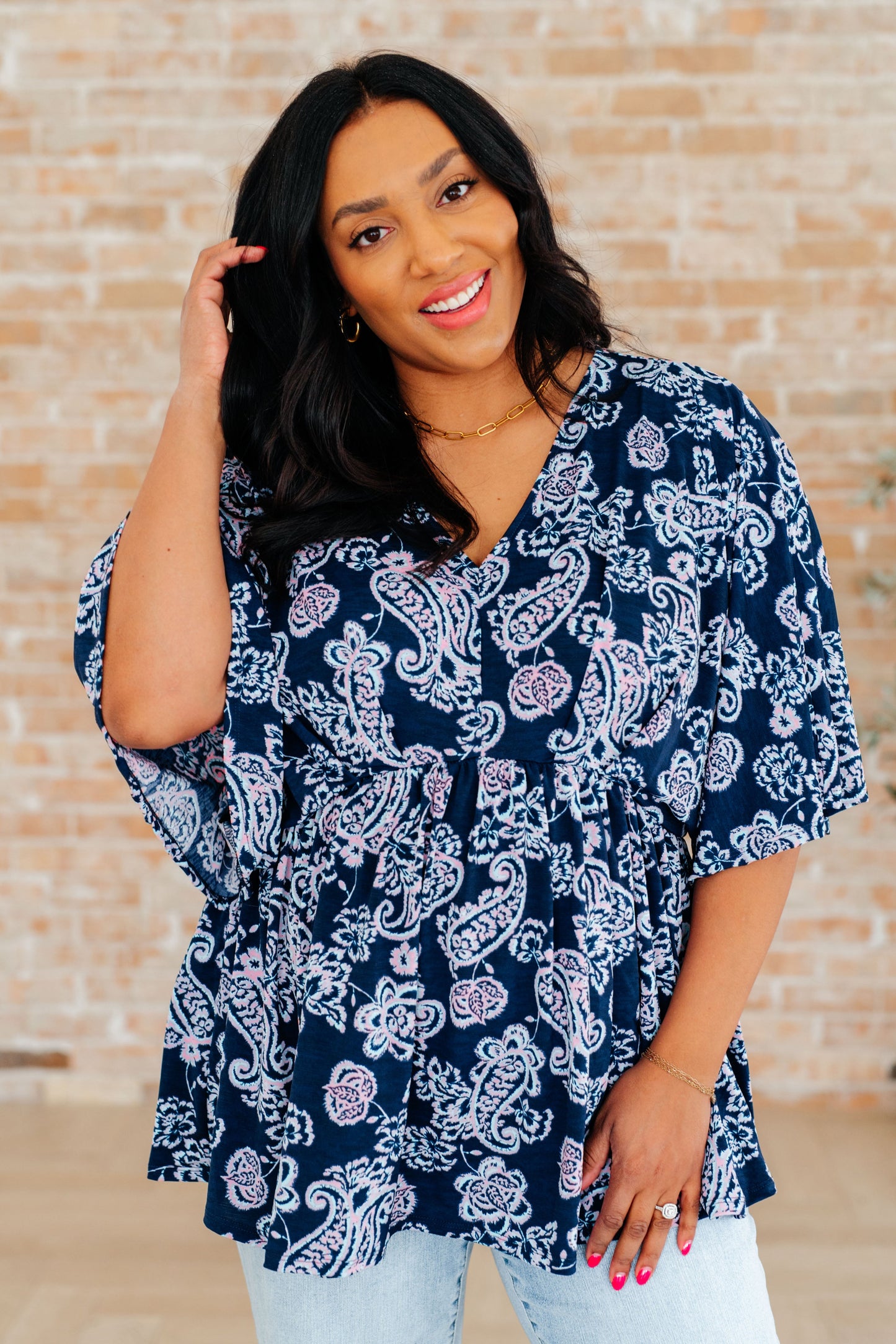 Dreamer Peplum Top in Navy and Pink Paisley - Hey Hunni LLC