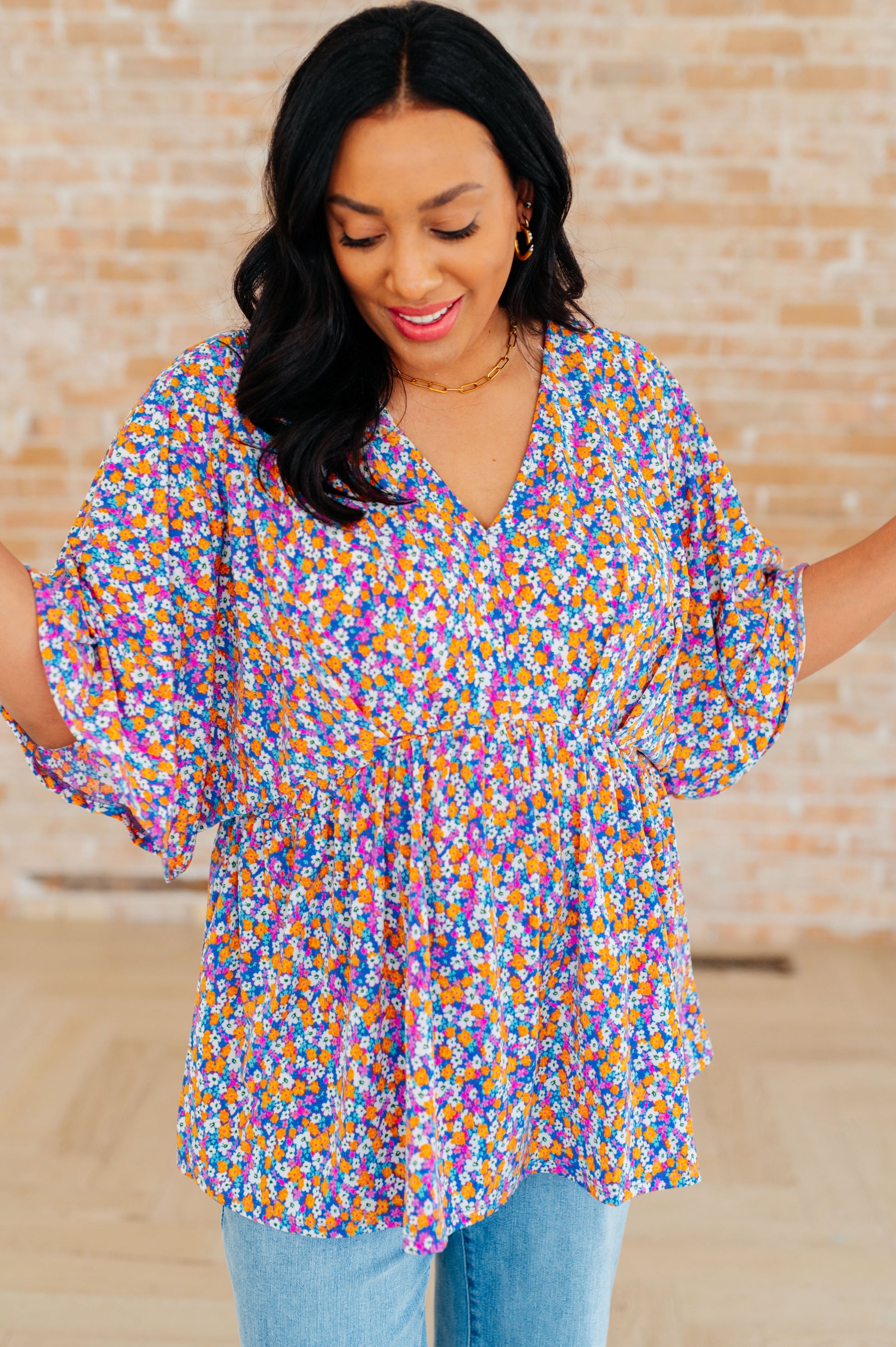 Dreamer Peplum Top in Purple Retro Ditsy Floral - Hey Hunni LLC